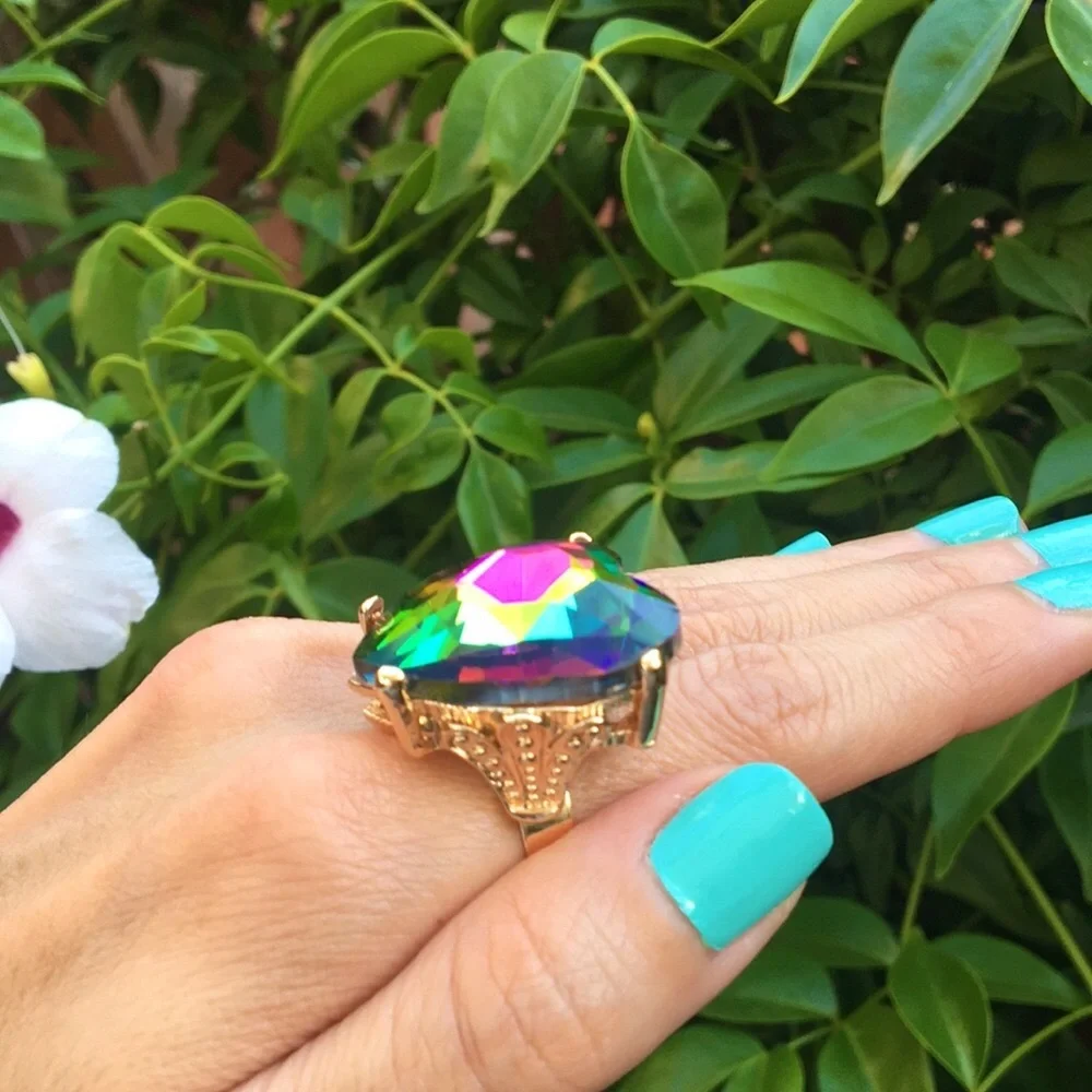 Oversized Heliotrope Crystal Heart + Gold Cocktail Statement Ring
